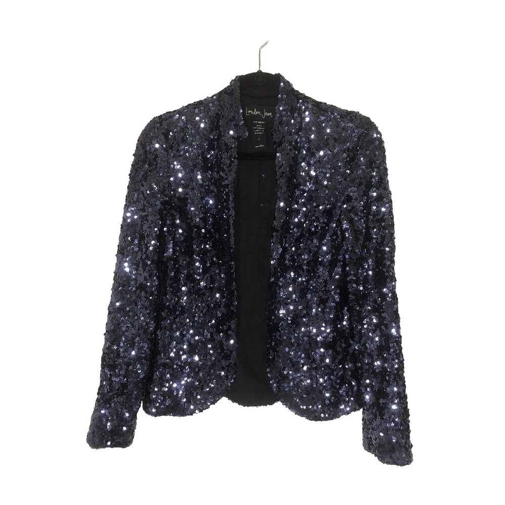 London Jean Sequin Open Front Dark Blue Blazer Jacket Women’s 4 Glam Festival